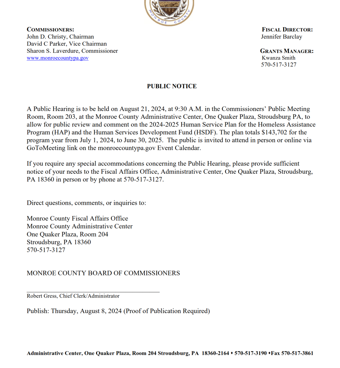 Office of Fiscal Affairs: Public Hearing re: 2024-2025 Human Service Plan for the Homeless Assistance Program (HAP) and the Human Services Development Fund (HSDF)